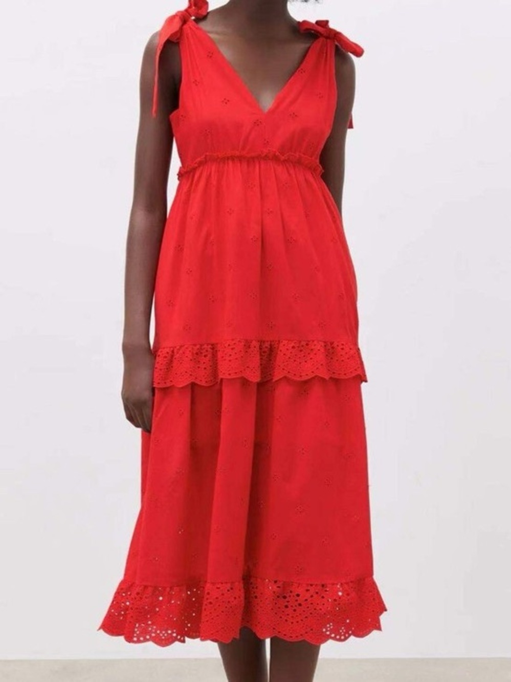 Zara Red Tie-Shoulder Eyelet Midi Dress